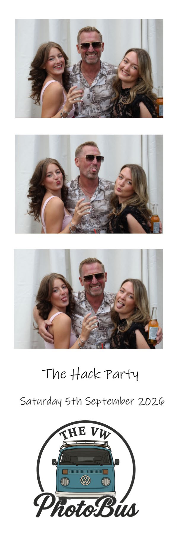 Sample VW PhotoBus photo strip print out from The Hack Party, showing three poses and the event date